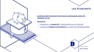 LES ÉTUDIANTS
ADHÉSION DES ÉTUDIANTS DES ÉCOLES PARTENAIRES GRATUITE
PENDANT UN AN
OBJECTIFS:
◯◯ DONNER DE LA VISIBILITÉ À L’ASSOCIATION AUX FUTURS PRO.
◯◯ UN MOYEN D’AIDER LES ÉTUDIANTS SI ILS ONT DES INTERROGATIONS.
Stratégie digitale
Mise en relation
 