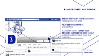 PLATEFORME FACEBOOK
GROUPE D’ENTRAIDE FERMÉ UNIQUEMENT
ACCESSIBLE AUX MEMBRES
RELAI DES ÉVÈNEMENTS DE
L’ASSOCIATION
PLATEFORME VISANT À CRÉER DE LA
COHÉSION ENTRE LES MEMBRES EN LEUR
LAISSANT UN ESPACE POUR POSER DES
QUESTIONS.
Stratégie digitale
Mise en relation
 