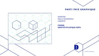 PARTI PRIS GRAPHIQUE
ISOMÉTRIE
GRILLE HEXAGONALE
LINÉARITÉ
FINESSE
IDENTITÉ STYLISTIQUE FORTE
CHARTE GRAPHIQUE
 