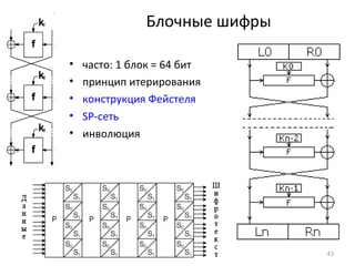 Блочные шифры
• часто: 1 блок = 64 бит
• принцип итерирования
• конструкция Фейстеля
• SP-сеть
• инволюция
43
 