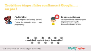 Les dix commandements de la performance digitale – 6 octobre 2021
Troisième étape : faire confiance à Google..…
ou pas !
= avoir l’œil partout, tester & contrôler !
J’automatise
Les stratégies d’enchères (…parfois)
J’utilise des mots-clés larges (…avec
parcimonie)
Je n’automatise pas
Les optimisations de campagnes
La gestion des budgets
Le wording des annonces
 