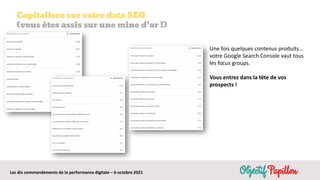 Les dix commandements de la performance digitale – 6 octobre 2021
Capitalisez sur votre data SEO
(vous êtes assis sur une mine d’or !)
Une fois quelques contenus produits…
votre Google Search Console vaut tous
les focus groups.
Vous entrez dans la tête de vos
prospects !
 