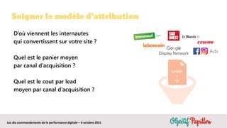 Les dix commandements de la performance digitale – 6 octobre 2021
Soigner le modèle d’attribution
D’où viennent les internautes
qui convertissent sur votre site ?
Quel est le panier moyen
par canal d’acquisition ?
Quel est le cout par lead
moyen par canal d’acquisition ?
 