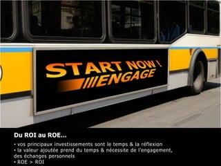 Les sociétés doivent needs’adapter  93% des utilisateurs de médias sociaux pensent qu’une entreprise doit avoir une présence sur les réseaux sociaux(Source: Cone Inc.) Il faut capitaliser sur les réseaux individuels et créer le sien, construire sa propre E-RéputationLa  transparence change  les  entreprises La fin de l’organigramme “classique” ?	partage des savoirs & responsabilités plus “horizontaux” La fin du CDI ?	plus de flexibilité et d’engagement multi-facette