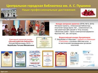 Центральная городская библиотека им. А. С. Пушкина
Наши профессиональные достижения:
Ежегодный городской конкурс
«Лучший работник библиотек»
Лучший библиотекарь 2015 г. –
Воробьёва Татьяна Михайловна
.
Конкурс авторских проектов (СРУК, №12, 2015)
•Интернет-проекты: «Электронная библиотека
писателей города Орла» Авт.., Семенихина Е.,В.,
зам директора ЦБС (вошёл в 10-ку лучших);
•«Воинская слава г. Орла в электронном формате»
Фролова Н.В., зав .сектором.;
Всероссийский конкурс буктрейлеров
•Т. Воробьёва и Н.Фролова – лауреаты в номинации
«Геопоэзия» с роликом «Мистика ночи…»
по мистическим произведениям орловских
писателей.
 