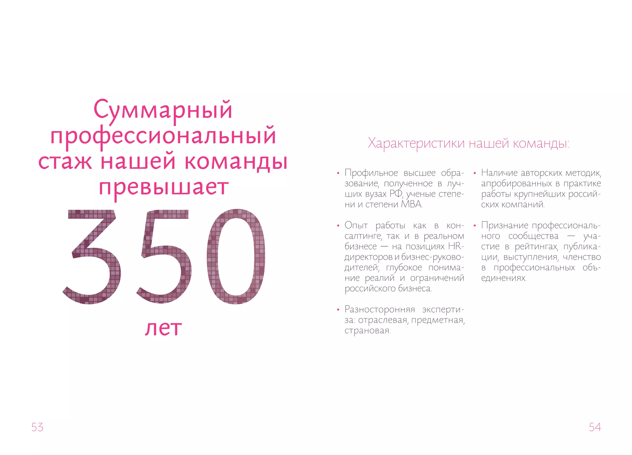 Суммарный
  профессиональный           Характеристики нашей команды:
 стаж нашей команды   •	 Профильное высшее обра- •	 Наличие авторских методик,

      превышает          зование, полученное в луч-
                         ших вузах РФ, ученые степе-
                                                     апробированных в практике
                                                     работы крупнейших россий-
                         ни и степени МВА.           ских компаний.

                      •	 Опыт работы как в кон- •	 Признание профессиональ-
                         салтинге, так и в реальном  ного сообщества — уча-
                         бизнесе — на позициях HR-   стие в рейтингах, публика-
                         директоров и бизнес-руково- ции, выступления, членство
                         дителей; глубокое понима-   в профессиональных объ-
                         ние реалий и ограничений    единениях.
                         российского бизнеса.

                      •	 Разносторонняя эксперти-

        лет
                         за: отраслевая, предметная,
                         страновая.




53                                                                          54
 