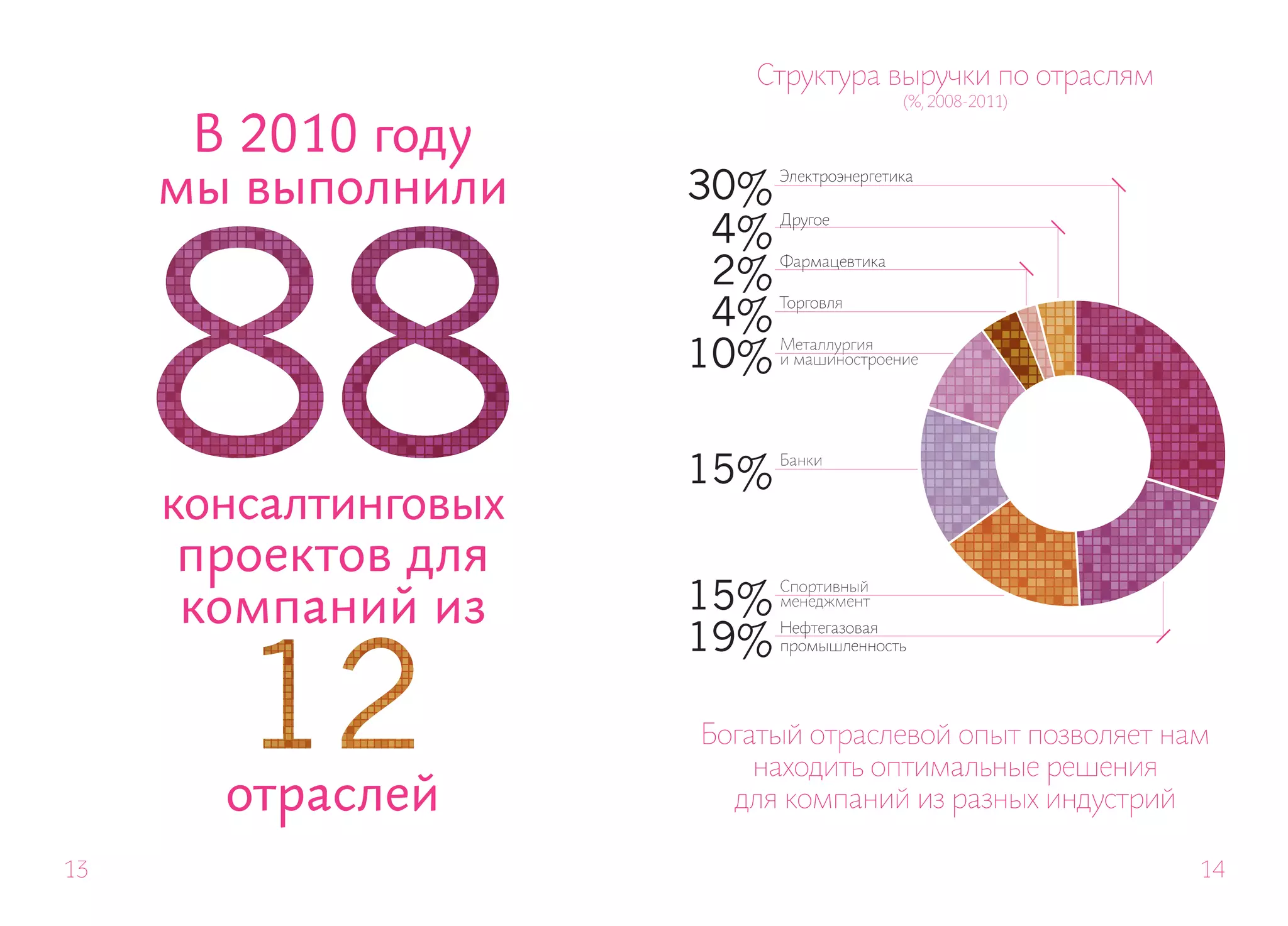 Структура выручки по отраслям
                                           (%, 2008-2011)


      В 2010 году
     мы выполнили     30%   Электроэнергетика



                       4%   Другое


                       2%   Фармацевтика


                       4%   Торговля


                      10%   Металлургия
                            и машиностроение




                      15%   Банки


     консалтинговых
     проектов для
     компаний из      15%   Спортивный
                            менеджмент

                      19%   Нефтегазовая
                            промышленность




                      Богатый отраслевой опыт позволяет нам
                          находить оптимальные решения
       отраслей         для компаний из разных индустрий

13                                                          14
 