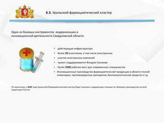 6.3. Уральский фармацевтический кластер
• действующая инфраструктура
• более 20 участников, в том числе иностранных
• участие иностранных компаний
• проект поддерживается Фондом Сколково
• более 3500 рабочих мест для современных специалистов
• Инновационные производства фармацевтической продукции в области генной
инженерии, противовирусных препаратов, биотехнологических веществ и т.д.
Один из базовых инструментов модернизации и
инновационной деятельности Свердловской области
По прогнозам, к 2020 году Уральский Фармацевтический кластер будет занимать лидирующие позиции по объемам производства на всей
территории России
 