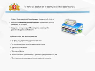 6. Наличие доступной инвестиционной инфраструктуры
• Создан Инвестиционный Меморандум Свердловской области
• Разработана Инвестиционная стратегия Свердловской области
на период до 2025 года
• Создано и функционирует Министерство инвестиций и
развития Свердловской области
Действующие институты развития
 41 фонд поддержки предпринимательства
 10 информационно-консультационных центров
 5 бизнес-инкубаторов
 Венчурный фонд
 Инновационный центр малого и среднего предпринимательства
 Электронное сопровождение инвестиционных проектов
 