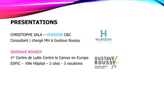 PRESENTATIONS
CHRISTOPHE SALA – HORIZON C&C
Consultant / chargé MH à Gustave Roussy
GUSTAVE ROUSSY
1er Centre de Lutte Contre le Cancer en Europe
ESPIC - Ville Hôpital – 2 sites - 3 vocations
 