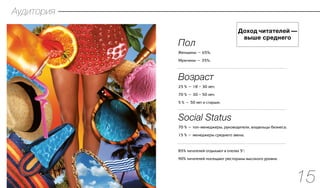 Пол
Женщины — 65%;
Мужчины — 35%;
Возраст
25 % — 18 – 30 лет;
70 % — 30 – 50 лет;
5 % — 50 лет и старше;
Social Status
70 % — топ-менеджеры, руководители, владельцы бизнеса;
15 % — менеджеры среднего звена;
85% читателей отдыхают в отелях 5*;
90% читателей посещают рестораны высокого уровня.
Аудитория
..................................................................................................................
..................................................................................................................
..................................................................................................................
Доход читателей —
выше среднего
15
 