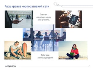 Расширение корпоративной сети
Понятия
«внутри» и «вне»
сети стерлись
Работаем
в любых условиях
 