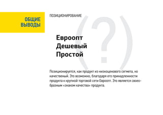 (?)
         ПОЗИЦИОНИРОВАНИЕ
 ОБЩИЕ
ВЫВОДЫ

             Евроопт
             Дешевый
             Простой

         Позиционируется, как продукт из низкоценового сегмета, но
         качественый. Это возможно, благодаря его принадлежности
         продукта к крупной торговой сети Евроопт. Это является своео-
         бразным «знаком качества» продукта.
 