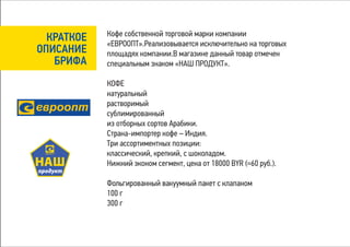 Кофе собственной торговой марки компании
  КРАТКОЕ   «ЕВРООПТ».Реализовывается исключительно на торговых
ОПИСАНИЕ    площадях компании.В магазине данный товар отмечен
   БРИФА    специальным знаком «НАШ ПРОДУКТ».

            КОФЕ
            натуральный
            растворимый
            сублимированный
            из отборных сортов Арабики.
            Страна-импортер кофе – Индия.
            Три ассортиментных позиции:
            классический, крепкий, с шоколадом.
            Нижний эконом сегмент, цена от 18000 BYR (=60 руб.).

            Фольгированный вакуумный пакет с клапаном
            100 г
            300 г
 