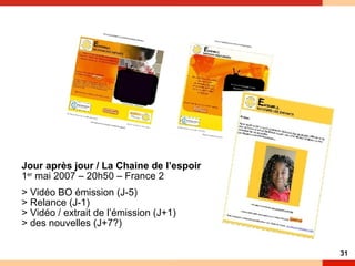 Jour après jour / La Chaine de l’espoir 1 er  mai 2007 – 20h50 – France 2 > Vidéo BO émission (J-5) > Relance (J-1) > Vidéo / extrait de l’émission (J+1) > des nouvelles (J+7?) 