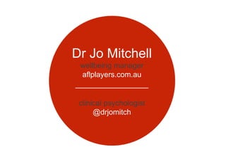 Dr Jo Mitchell
wellbeing manager
aflplayers.com.au
________________
clinical psychologist
@drjomitch
 