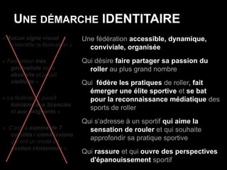 Une démarche IDENTITAIRE« Aucun signe visuel n’identifie la fédération » « Fédération très généraliste voire abstraite et paraît vieillotte »« La fédération paraît lointaine aux licenciés et aux dirigeants »«  C’est la somme de 7 comités / commissions qui ont un mode de gestion cloisonnée »Une fédération accessible, dynamique, conviviale, organiséeQui désire faire partager sa passion du roller au plus grand nombreQui fédère les pratiques de roller, fait émerger une élite sportiveetse bat pour la reconnaissance médiatique des sports de rollerQui s‘adresse à un sportif qui aime la sensation de rouleret qui souhaite approfondir sa pratique sportiveQui rassureet qui ouvre des perspectives d'épanouissement sportif