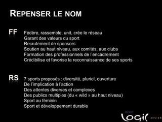 Repenser le nomFFFédère, rassemble, unit, crée le réseauGarant des valeurs du sportRecrutement de sponsorsSoutien au haut niveau, aux comités, aux clubsFormation des professionnels de l’encadrementCrédibilise et favorise la reconnaissance de ses sportsRS7 sports proposés : diversité, pluriel, ouvertureDe l’implication à l’actionDes attentes diverses et complexesDes publics multiples (du « wild » au haut niveau)Sport au fémininSport et développement durableavec
