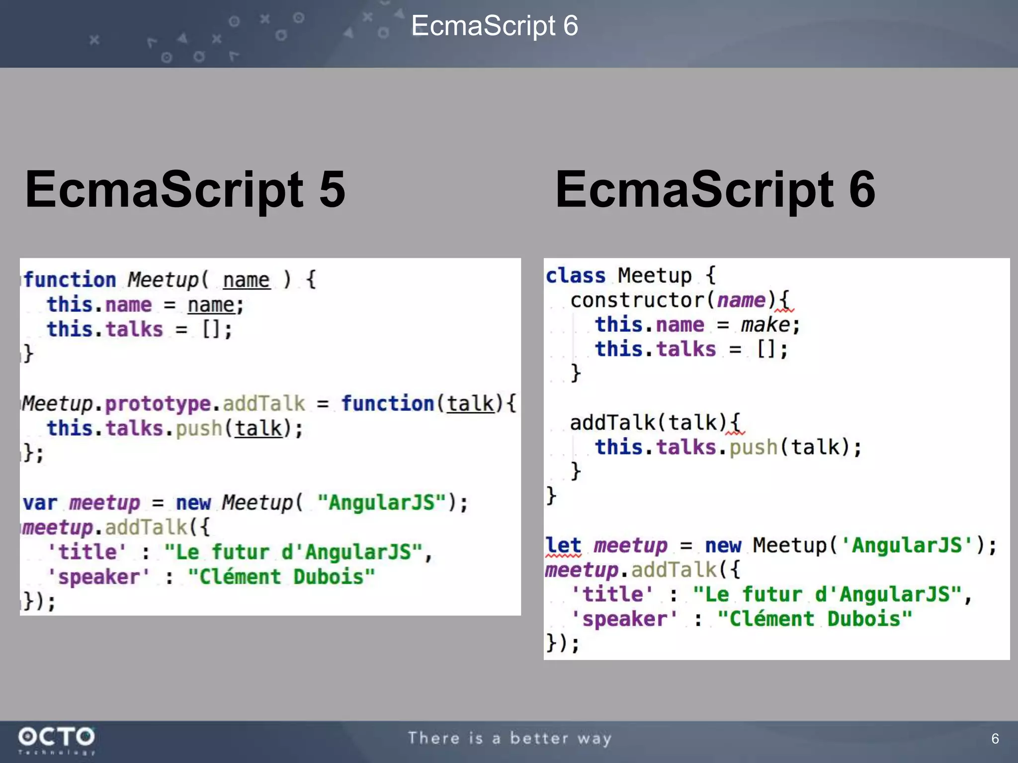 6 
EcmaScript 6 
EcmaScript 5 EcmaScript 6 
 