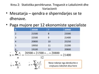 Kreu 2:  Statistika pershkruese. Treguesit e Lokalizimit dhe Variacionit Mesatarja – qendra e shperndarjes se te dhenave. Paga mujore per 12 ekonomiste specialiste Nese ndonje nga dendurite e vrojtuara ndeshet disa here 1 20500 7 20900 2 21500 8 23300 3 22500 9 21400 4 20800 10 25250 5 19950 11 21200 6 19100 12 20800 