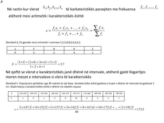 Në rastin kur vlerat të karkateristikës paraqiten me frekuenca atëherë mesi aritmetik i karakteristikës është Shembull 4 .  Të gjendet mesi aritmetik i numrave 5,5,5,8,8,6,6,6,6,2. Në qoftë se vlerat e karakteristikës janë dhënë në intervale, atëherë gjatë llogaritjes meren meset e intervaleve si vlera të karakterisikës Shembull 5.  Populacioni përbëhet nga 40 nxënës të një klase. Karakteristike është gjatësia e trupit e dhënë në intervale të gjatësisë 5 cm. Shpërndarja e karakteristikës është e dhënë me tabelën vijuese x 5 8 6 2 fi 3 2 4 1 X 145-150 150-155 155-160 160-165 165-170 170-175 175-180 180-185 185-190 190-195 fi  1 0 1 4 8 10 6 4 4 2 