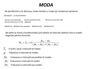 MODA Ne pershkrimin e te dhenave, moda sherben si matje per tendencen qendrore Shembulli 1  Le të jenë dhënë: X1={1,1,2,2,3,4,4,4,5};  X2={1,3,5,8,10,12,15};  X3={1,2,2,3,4,5,5,6}  dhe X4={2,3,4,4,4,5,5,7,7,7,9}  Atëherë: Mo(X1)=4;  Mo(X2)->nuk ekziston;  Mo(X3)={2,5};  Mo(X4)={4.7}. Në qoftë se vlerat e karakteristikës janë dhënë në intervale atëherë vlera e modës llogaritet përmes formulës ->  Kufiri i parë i intervalit të modes -> Gjerësia e intervalit të modes - Frekuenca e intervalit paraardhës të modës Frekuenca e intervalit të modës Frekuenca e intervalit pas modës 