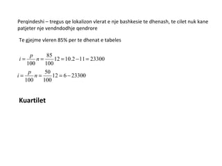Perqindeshi – tregus qe lokalizon vlerat e nje bashkesie te dhenash, te cilet nuk kane  patjeter nje vendndodhje qendrore Te gjejme vleren 85% per te dhenat e tabeles Kuartilet 