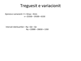 Treguesit e variacionit Gjeresia e variacionit- V = Xmax – Xmin   v = 25350 – 19100 = 6150 Intervali nderkuartilor – Rq = Q3 – Q1   Rq = 22000 – 20650 = 1350 