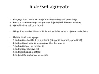 Indekset agregate Percjellja e prodhimit te disa produkteve industriale te nje dege Ecuria e cmimeve me pakice per disa lloje te produkteve ushqimore Qarkullimi me pakice e shumi  Ndryshime relative dhe rritmi i shtimit te dukurive te vrojtuara statistikore Llojet e indekseve agregat 1. Indeksi i vellimit fizik te prodhimit (eksportit, importit, qarkullimit) 2. Indeksi i cmimeve te produkteve dhe sherbimeve 3. Indeksi i vleres se prodhimit 4. Indeksi i produktivitetit 5. Indeksi i kostos se jeteses 6. Indeksi i te ardhurave personale 