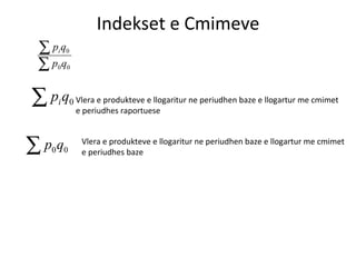 Indekset e Cmimeve Vlera e produkteve e llogaritur ne periudhen baze e llogartur me cmimet e periudhes raportuese Vlera e produkteve e llogaritur ne periudhen baze e llogartur me cmimet e periudhes baze 
