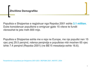 Zhvillime Demografike Popullsia e Shqiperise e regjistruar nga Repoba 2001 eshte  3.1 million.  Duke konsideruar popullsine e emigruar gjate 15 viteve te fundit vleresohet te jete rreth 800 mije. Popullsia e Shqiperise eshte me e reja ne Europe, me nje popullsi nen 15 vjec prej 29.5 perqind, ndersa perqindja e popullsise mbi moshen 65 vjec ishte 7.4 perqind (Repoba 2001) (ne BE15 mesatarja eshte 16.6).  Parashikimet e popullsise per Shqiperine 2001-2021, REPOBA 2001, INSTAT, 2004 