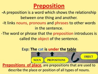 Preposition
-A preposition is a word which shows the relationship
between one thing and another.
-It links nouns, pronouns and phrases to other words
in the sentence.
-The word or phrase that the preposition introduces is
called the object of the sentence.
Exp: The cat is under the table
Prepositions of place, are prepositions that are used to
describe the place or position of all types of nouns.
 