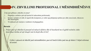 IV. ZHVILLIMI PROFESIONAL I MËSIMDHËNËSVE
Cilat janë qëllimet e shkollës së sotme?
1. Përgatitja e nxënësve për një karrierë të suksesshme profesionale;
2. Krijimi i nxënësve të aftë, të sigurtë dhe kompetent, jo vetëm nga pikëpamja njohëse por edhe emocionale, shkencore
dhe teknologjike.
3. Të edukuarit për marrjen e vendimeve të përgjegjshme.
Barazia
o Pritjet janë që shkollat të punojnë në mënyrë efektive dhe të barabartë me të gjithë nxënësit, duke
kontribuar kështu në një shoqëri më të drejtë dhe të lirë!
Çelësi i suksesit në shkollë janë mësimdhënësit, pasi në fund të ditës janë ata që duhet t’i bëjnë reformat
në arsim!
 