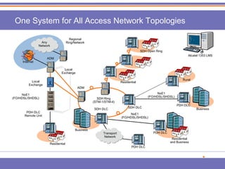One System for All Access Network Topologies 
Transport 
Network 
Regional 
Ring/Network 
Internet 
Local 
Exchange 
ADM 
Local 
Exchange 
PDH DLC 
Remote Unit 
Residential 
Business 
PDH DLC 
PDH DLC 
Residential 
and Business 
Business 
SDH DLC PDH DLC SDH DLC 
ADM 
Residential 
SDH Open Ring 
Any 
Network 
Alcatel 1353 LMS 
SDH Ring 
(STM-1/STM-4) 
NxE1 
(FO/HDSL/SHDSL) 
NxE1 
NxE1 (FO/HDSL/SHDSL) 
(FO/HDSL/SHDSL) 
Rural 
 