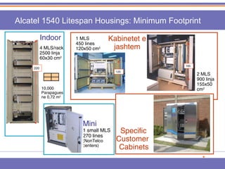 Alcatel 1540 Litespan Housings: Minimum Footprint 
Indoor 
4 MLS/rack 
2500 linja 
60x30 cm2 
220 
1 MLS 
450 lines 
120x50 cm2 
Kabinetet e 
jashtem 
120 2 MLS 
900 linja 
155x50 
cm2 
165 
Specific 
Customer 
Cabinets 
Mini 
1 small MLS 
270 lines 
(NonTelco 
centers) 
10,000 
Parapagues 
ne 0,72 m2 
 