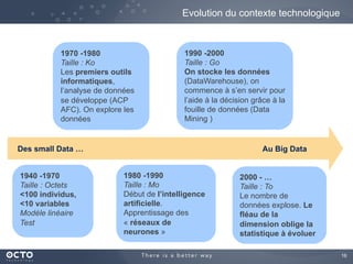 16
Evolution du contexte technologique
Des small Data … Au Big Data
1970 -1980
Taille : Ko
Les premiers outils
informatiques,
l’analyse de données
se développe (ACP
AFC). On explore les
données
1980 -1990
Taille : Mo
Début de l’intelligence
artificielle.
Apprentissage des
« réseaux de
neurones »
1990 -2000
Taille : Go
On stocke les données
(DataWarehouse), on
commence à s’en servir pour
l’aide à la décision grâce à la
fouille de données (Data
Mining )
2000 - …
Taille : To
Le nombre de
données explose. Le
fléau de la
dimension oblige la
statistique à évoluer
1940 -1970
Taille : Octets
<100 individus,
<10 variables
Modèle linéaire
Test
 