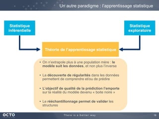18
Un autre paradigme : l’apprentissage statistique
Statistique
inférentielle
Statistique
exploratoire
Théorie de l’apprentissage statistique
•  On n’extrapole plus à une population mère : le
modèle suit les données, et non plus l’inverse
•  La découverte de régularités dans les données
permettent de comprendre et/ou de prédire
•  L’objectif de qualité de la prédiction l’emporte
sur la réalité du modèle devenu « boite noire »
•  Le rééchantillonnage permet de valider les
structures
 