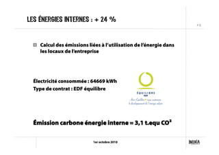 # 5
1er octobre 2010
Les énergies internes : + 24 %
!   Calcul des émissions liées à l’utilisation de l’énergie dans
les locaux de l’entreprise
Électricité consommée : 64669 kWh
Type de contrat : EDF équilibre
Émission carbone énergie interne = 3,1 t.equ CO²
 