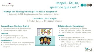Rappel – l’ATDD,
qu’est-ce que c’est ?
Pilotage des développements par les tests d’acceptation
 Extension du TDD des développeurs : Tests unitaires = « done »
Collaboration des 3 amigos sur :
• La prise en compte des User Stories
• Leur déclinaison en Critères d’Acceptation
• Spécifications des scénarios d’acceptation
Ensuite
• Le développeur développe la US
• Le testeur développe les tests d’acceptation
et les exécute (avec l’aide du développeur
pour les tests automatisés)
• Le P. O. monitore le tout
Les acteurs : les 3 amigos
le Product Owner, le développeur, le testeur
Product Owner / Business Analyst
• Connait le besoin & le domaine métier
• Liste et explique les règles métier
Testeurs
• Vision des stratégies de test
• Conçoit et met en œuvre les tests
Développeurs
• Identifie les couches et les briques impactées
• A besoin d’exemples valorisés avec des
cas précis
 