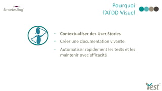 • Contextualiser des User Stories
• Créer une documentation vivante
• Automatiser rapidement les tests et les
maintenir avec efficacité
Pourquoi
l’ATDD Visuel
 