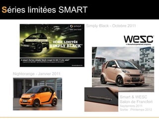 Séries limitées SMART
                               Simply Black - Octobre 2011




  Nightorange - Janvier 2011




                                                 Smart & WESC
                                                 Salon de Francfort
                                                 Septembre 2011
                                                 Sortie : Printemps 2012
 