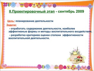 II .Проектировочный этап   -  сентябрь 2009   Цель :  планирование деятельности   Задачи: -  о тработать содержание деятельности, наиболее эффективные формы и методы воспитательного воздействия. - разработка критериев оценки степени  эффективности  воспитательной деятельности.   