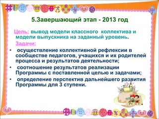 5.Завершающий этап - 2013 год   Цель:   вывод модели классного  коллектива и модели выпускника на заданный уровень . Задачи:   осуществление коллективной рефлексии в сообществе педагогов, учащихся и их родителей  процесса и результатов деятельности; соотношение результатов реализации Программы с поставленной целью и задачами; определение перспектив дальнейшего развития  Программы для 3 ступени.  