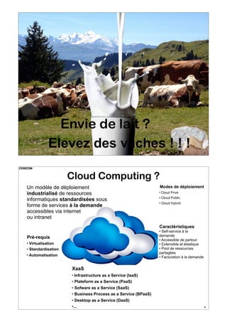 COGICOM

Envie de lait ?
Elevez des vaches ! ! !
Cloud Computing

COGICOM

-

Ed 14-1

-

3

COGICOM © 2014

Cloud Computing ?

Un modèle de déploiement
industrialisé de ressources
informatiques standardisées sous
forme de services à la demande
accessibles via internet
ou intranet

Modes de déploiement
• Cloud Privé

• Cloud Public
• Cloud Hybrid

Caractéristiques
• Self-service à la
demande
• Accessible de partout
• Extensible et élastique
• Pool de ressources
partagées
• Facturation à la demande

Pré-requis
• Virtualisation
• Standardisation
• Automatisation

XaaS
• Infrastructure as a Service (IaaS)

• Plateform as a Service (PaaS)
• Sofware as a Service (SaaS)
• Business Process as a Service (BPaaS)
• Desktop as a Service (DaaS)
•... Cloud Computing
Ed 14-1
COGICOM © 2014

4

 