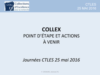 CTLES
25 MAI 2016
COLLEX	
POINT	D’ÉTAPE	ET	ACTIONS		
À	VENIR	
	
	
Journées	CTLES	25	mai	2016
F.	CAVALIER_	Sciences	Po	
 
