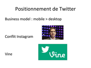 Positionnement de Twitter
Business model : mobile > desktop



Conflit Instagram



Vine
 