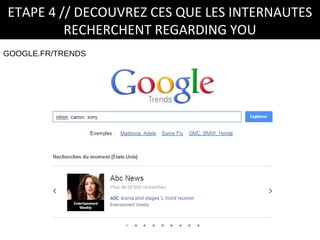 ETAPE 4 // DECOUVREZ CES QUE LES INTERNAUTES
         RECHERCHENT REGARDING YOU
GOOGLE.FR/TRENDS
 