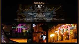 NISSAN 
EVENT 
S O I R É E D E LANCEMENT A P P L I CATION 
N I S SAN J U K E L I G H T I N G 
Battle de live painting : Thomas Canto & Marko 93. 
Road show & projections sur des monuments 
Concert de Skip The Use. 
Production pour Ubi Bene 
• C i b l e : P r e s s e , B l o g s , B 2 B , G r a n d P u b l i c • J o b : P r o d u c t i o n a r t i s t i q u e 
• A r t i s t e s : T h o m a s C a n t o , M a r k o 9 3 , S k i p T h e U s e • A n n o n c e u r : N I S S A N • A g e n c e e t p a r t e n a i r e s : U B I B E N E 
 