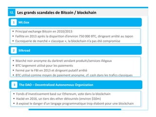 Les grands scandales de Bitcoin / blockchain12.
Mt.Gox1
Silkroad2
 Principal exchange Bitcoin en 2010/2013
 Faillite en 2013 après la disparition d’environ 750 000 BTC, dirigeant arrêté au Japon
 Escroquerie de marché « classique », la blockchain n’a pas été compromise
 Marché noir anonyme du darknet vendant produits/services illégaux
 BTC largement utilisé pour les paiements
 Fermé par le FBI en 2013 et dirigeant putatif arrêté
 BTC utilisé comme moyen de paiement anonyme, cf. cash dans les trafics classiques
The DAO – Decentralized Autonomous Organization3
 Fonds d’investissement basé sur Ethereum, vote dans la blockchain
 Hacké en 2016, un tiers des ether détournés (environ $50m)
 A exposé le danger d’un langage programmatique trop élaboré pour une blockchain
 