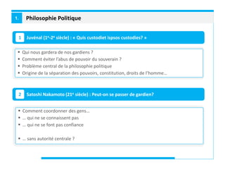 Philosophie Politique1.
Juvénal (1e-2e siècle) : « Quis custodiet ispsos custodies? »1
Satoshi Nakamoto (21e siècle) : Peut-on se passer de gardien?2
 Qui nous gardera de nos gardiens ?
 Comment éviter l’abus de pouvoir du souverain ?
 Problème central de la philosophie politique
 Origine de la séparation des pouvoirs, constitution, droits de l’homme…
 Comment coordonner des gens…
 … qui ne se connaissent pas
 … qui ne se font pas confiance
 … sans autorité centrale ?
 